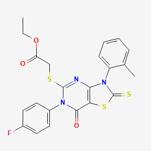 molecular formula C22H18FN3O3S3 B2395659 ethyl 2-{[6-(4-fluorophenyl)-3-(2-methylphenyl)-7-oxo-2-sulfanylidene-2H,3H,6H,7H-[1,3]thiazolo[4,5-d]pyrimidin-5-yl]sulfanyl}acetate CAS No. 422298-42-8
