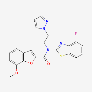 molecular formula C22H17FN4O3S B2395877 N-(2-(1H-pyrazol-1-yl)ethyl)-N-(4-fluorobenzo[d]thiazol-2-yl)-7-methoxybenzofuran-2-carboxamide CAS No. 1170646-90-8