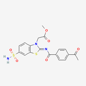 molecular formula C19H17N3O6S2 B2395890 Methyl 2-[2-(4-acetylbenzoyl)imino-6-sulfamoyl-1,3-benzothiazol-3-yl]acetate CAS No. 865198-77-2
