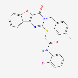 molecular formula C26H20FN3O3S B2395922 N-(2-fluorophenyl)-2-({5-[(4-methylphenyl)methyl]-6-oxo-8-oxa-3,5-diazatricyclo[7.4.0.0^{2,7}]trideca-1(9),2(7),3,10,12-pentaen-4-yl}sulfanyl)acetamide CAS No. 866846-03-9