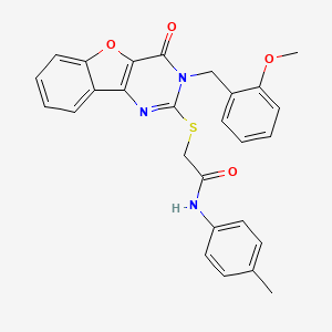 molecular formula C27H23N3O4S B2396040 2-({5-[(2-methoxyphenyl)methyl]-6-oxo-8-oxa-3,5-diazatricyclo[7.4.0.0^{2,7}]trideca-1(9),2(7),3,10,12-pentaen-4-yl}sulfanyl)-N-(4-methylphenyl)acetamide CAS No. 866867-12-1