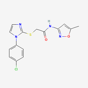 molecular formula C15H13ClN4O2S B2396061 2-((1-(4-chlorophenyl)-1H-imidazol-2-yl)thio)-N-(5-methylisoxazol-3-yl)acetamide CAS No. 851079-28-2