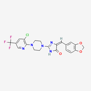 molecular formula C21H17ClF3N5O3 B2396109 5-(1,3-benzodioxol-5-ylmethylene)-2-{4-[3-chloro-5-(trifluoromethyl)-2-pyridinyl]piperazino}-3,5-dihydro-4H-imidazol-4-one CAS No. 865659-46-7