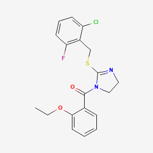 molecular formula C19H18ClFN2O2S B2396184 (2-((2-chloro-6-fluorobenzyl)thio)-4,5-dihydro-1H-imidazol-1-yl)(2-ethoxyphenyl)methanone CAS No. 851802-77-2