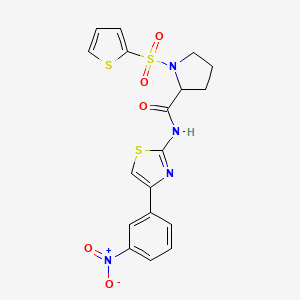 molecular formula C18H16N4O5S3 B2396471 N-(4-(3-nitrophenyl)thiazol-2-yl)-1-(thiophen-2-ylsulfonyl)pyrrolidine-2-carboxamide CAS No. 1105638-64-9