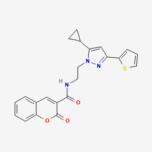 molecular formula C22H19N3O3S B2396576 N-(2-(5-cyclopropyl-3-(thiophen-2-yl)-1H-pyrazol-1-yl)ethyl)-2-oxo-2H-chromene-3-carboxamide CAS No. 1797624-57-7