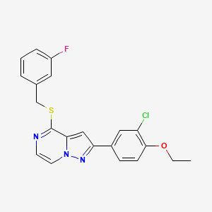 molecular formula C21H17ClFN3OS B2396590 2-(3-Chloro-4-ethoxyphenyl)-4-[(3-fluorobenzyl)thio]pyrazolo[1,5-a]pyrazine CAS No. 1105212-10-9