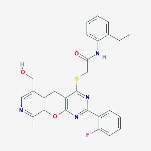 molecular formula C28H25FN4O3S B2396615 N-(2-ethylphenyl)-2-[[5-(2-fluorophenyl)-11-(hydroxymethyl)-14-methyl-2-oxa-4,6,13-triazatricyclo[8.4.0.03,8]tetradeca-1(10),3(8),4,6,11,13-hexaen-7-yl]sulfanyl]acetamide CAS No. 892386-38-8