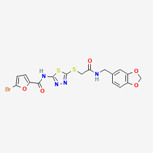 molecular formula C17H13BrN4O5S2 B2396631 N-(5-((2-((benzo[d][1,3]dioxol-5-ylmethyl)amino)-2-oxoethyl)thio)-1,3,4-thiadiazol-2-yl)-5-bromofuran-2-carboxamide CAS No. 893144-22-4