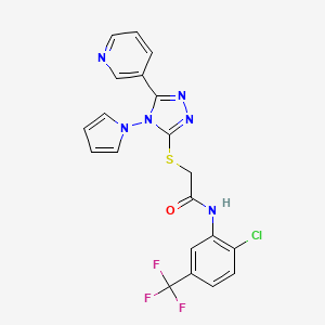 molecular formula C20H14ClF3N6OS B2396694 N-[2-chloro-5-(trifluoromethyl)phenyl]-2-{[5-(pyridin-3-yl)-4-(1H-pyrrol-1-yl)-4H-1,2,4-triazol-3-yl]sulfanyl}acetamide CAS No. 886941-70-4