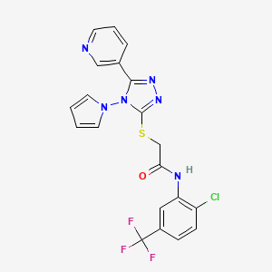 molecular formula C20H14ClF3N6OS B2396694 N-(2-chloro-5-(trifluoromethyl)phenyl)-2-((5-(pyridin-3-yl)-4-(1H-pyrrol-1-yl)-4H-1,2,4-triazol-3-yl)thio)acetamide CAS No. 886941-70-4