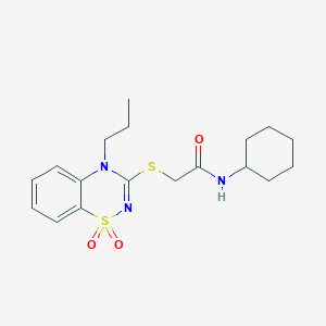 molecular formula C18H25N3O3S2 B2396802 N-cyclohexyl-2-[(1,1-dioxido-4-propyl-4H-1,2,4-benzothiadiazin-3-yl)thio]acetamide CAS No. 899978-17-7
