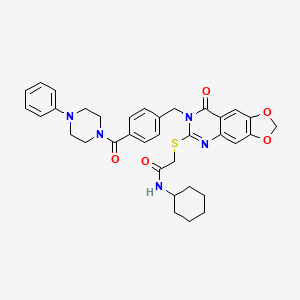 molecular formula C35H37N5O5S B2396984 N-cyclohexyl-2-((8-oxo-7-(4-(4-phenylpiperazine-1-carbonyl)benzyl)-7,8-dihydro-[1,3]dioxolo[4,5-g]quinazolin-6-yl)thio)acetamide CAS No. 689758-88-1