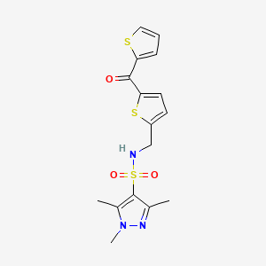 molecular formula C16H17N3O3S3 B2397321 1,3,5-trimethyl-N-((5-(thiophene-2-carbonyl)thiophen-2-yl)methyl)-1H-pyrazole-4-sulfonamide CAS No. 1428351-72-7