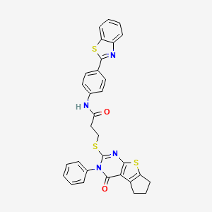 molecular formula C31H24N4O2S3 B2397408 N-(4-(benzo[d]thiazol-2-yl)phenyl)-3-((4-oxo-3-phenyl-4,5,6,7-tetrahydro-3H-cyclopenta[4,5]thieno[2,3-d]pyrimidin-2-yl)thio)propanamide CAS No. 670273-16-2