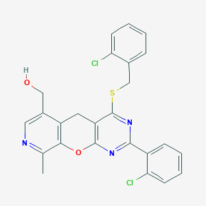 molecular formula C25H19Cl2N3O2S B2397510 [5-(2-chlorophenyl)-7-[(2-chlorophenyl)methylsulfanyl]-14-methyl-2-oxa-4,6,13-triazatricyclo[8.4.0.03,8]tetradeca-1(10),3(8),4,6,11,13-hexaen-11-yl]methanol CAS No. 892279-40-2