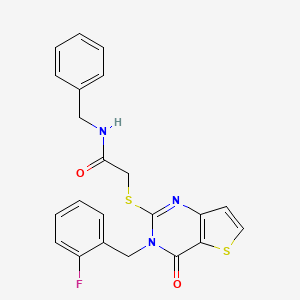 molecular formula C22H18FN3O2S2 B2397517 N-benzyl-2-[3-[(2-fluorophenyl)methyl]-4-oxothieno[3,2-d]pyrimidin-2-yl]sulfanylacetamide CAS No. 688338-74-1