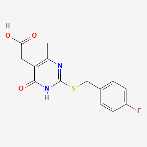 molecular formula C14H13FN2O3S B2397643 2-(2-((4-Fluorobenzyl)thio)-4-methyl-6-oxo-1,6-dihydropyrimidin-5-yl)acetic acid CAS No. 952000-81-6