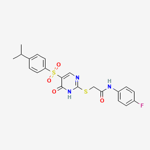 molecular formula C21H20FN3O4S2 B2397656 N-(4-fluorophenyl)-2-((5-((4-isopropylphenyl)sulfonyl)-6-oxo-1,6-dihydropyrimidin-2-yl)thio)acetamide CAS No. 866810-60-8