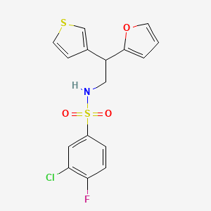 molecular formula C16H13ClFNO3S2 B2397670 3-chloro-4-fluoro-N-(2-(furan-2-yl)-2-(thiophen-3-yl)ethyl)benzenesulfonamide CAS No. 2097868-83-0