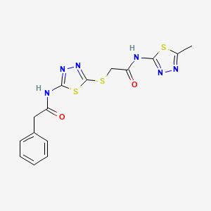 molecular formula C15H14N6O2S3 B2397673 N-(5-methyl-1,3,4-thiadiazol-2-yl)-2-((5-(2-phenylacetamido)-1,3,4-thiadiazol-2-yl)thio)acetamide CAS No. 392318-89-7