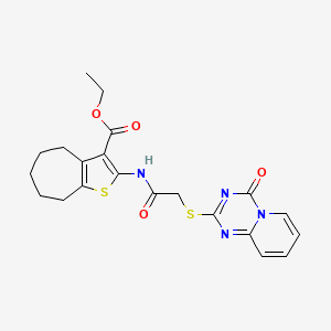 molecular formula C21H22N4O4S2 B2397857 ethyl 2-(2-((4-oxo-4H-pyrido[1,2-a][1,3,5]triazin-2-yl)thio)acetamido)-5,6,7,8-tetrahydro-4H-cyclohepta[b]thiophene-3-carboxylate CAS No. 896329-36-5