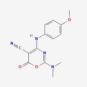 molecular formula C14H14N4O3 B2397931 2-(二甲氨基)-4-(4-甲氧基苯胺基)-6-氧代-6H-1,3-恶嗪-5-腈 CAS No. 303997-21-9