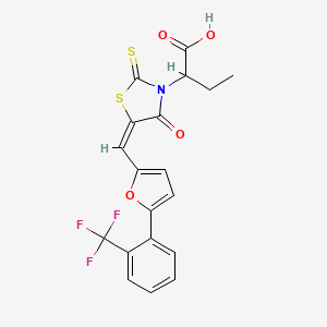 molecular formula C19H14F3NO4S2 B2397970 (E)-2-(4-oxo-2-thioxo-5-((5-(2-(trifluoromethyl)phenyl)furan-2-yl)methylene)thiazolidin-3-yl)butanoic acid CAS No. 875286-53-6
