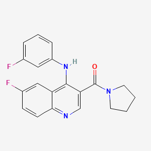 molecular formula C20H17F2N3O B2397973 (6-Fluoro-4-((3-fluorophenyl)amino)quinolin-3-yl)(pyrrolidin-1-yl)methanone CAS No. 1358760-67-4