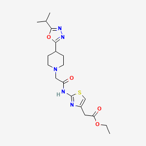 molecular formula C19H27N5O4S B2398099 Ethyl 2-(2-(2-(4-(5-isopropyl-1,3,4-oxadiazol-2-yl)piperidin-1-yl)acetamido)thiazol-4-yl)acetate CAS No. 1251633-17-6