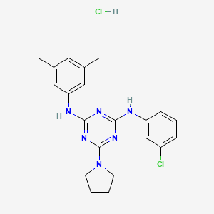 molecular formula C21H24Cl2N6 B2398394 N2-(3-chlorophenyl)-N4-(3,5-dimethylphenyl)-6-(pyrrolidin-1-yl)-1,3,5-triazine-2,4-diamine hydrochloride CAS No. 1179417-45-8