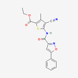 molecular formula C19H15N3O4S B2398409 Ethyl 4-cyano-3-methyl-5-(5-phenylisoxazole-3-carboxamido)thiophene-2-carboxylate CAS No. 1171161-18-4