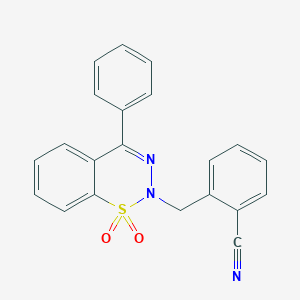 molecular formula C21H15N3O2S B2398419 2-((1,1-dioxido-4-phenyl-2H-benzo[e][1,2,3]thiadiazin-2-yl)methyl)benzonitrile CAS No. 1428359-09-4
