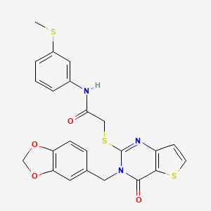 molecular formula C23H19N3O4S3 B2398701 2-((3-(benzo[d][1,3]dioxol-5-ylmethyl)-4-oxo-3,4-dihydrothieno[3,2-d]pyrimidin-2-yl)thio)-N-(3-(methylthio)phenyl)acetamide CAS No. 923193-39-9