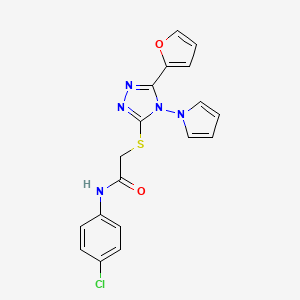molecular formula C18H14ClN5O2S B2398714 N-(4-chlorophenyl)-2-[[5-(furan-2-yl)-4-pyrrol-1-yl-1,2,4-triazol-3-yl]sulfanyl]acetamide CAS No. 886942-55-8