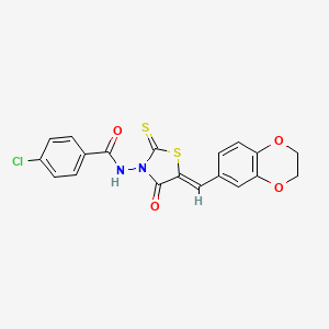 molecular formula C19H13ClN2O4S2 B2398715 4-chloro-N-[(5Z)-5-(2,3-dihydro-1,4-benzodioxin-6-ylmethylidene)-4-oxo-2-thioxo-1,3-thiazolidin-3-yl]benzamide CAS No. 900135-18-4