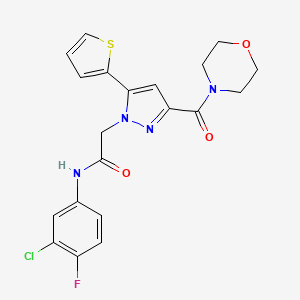 molecular formula C20H18ClFN4O3S B2398844 N-(3-chloro-4-fluorophenyl)-2-(3-(morpholine-4-carbonyl)-5-(thiophen-2-yl)-1H-pyrazol-1-yl)acetamide CAS No. 1172540-29-2