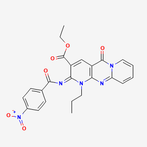 molecular formula C24H21N5O6 B2398854 ethyl 6-(4-nitrobenzoyl)imino-2-oxo-7-propyl-1,7,9-triazatricyclo[8.4.0.03,8]tetradeca-3(8),4,9,11,13-pentaene-5-carboxylate CAS No. 534566-17-1