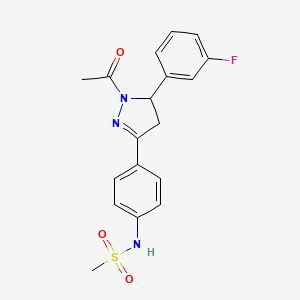 molecular formula C18H18FN3O3S B2398960 N-{4-[1-acetyl-5-(3-fluorophenyl)-4,5-dihydro-1H-pyrazol-3-yl]phenyl}methanesulfonamide CAS No. 851718-04-2