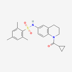 molecular formula C22H26N2O3S B2399386 N-(1-CYCLOPROPANECARBONYL-1,2,3,4-TETRAHYDROQUINOLIN-6-YL)-2,4,6-TRIMETHYLBENZENE-1-SULFONAMIDE CAS No. 1005299-76-2