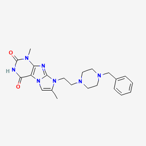 molecular formula C22H27N7O2 B2399688 8-(2-(4-benzylpiperazin-1-yl)ethyl)-1,7-dimethyl-1H-imidazo[2,1-f]purine-2,4(3H,8H)-dione CAS No. 922456-62-0