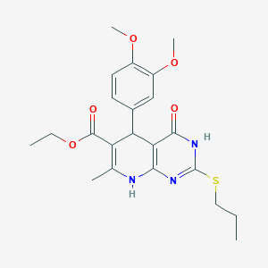 molecular formula C22H27N3O5S B2399700 Ethyl 5-(3,4-dimethoxyphenyl)-7-methyl-4-oxo-2-(propylthio)-3,4,5,8-tetrahydropyrido[2,3-d]pyrimidine-6-carboxylate CAS No. 941901-15-1