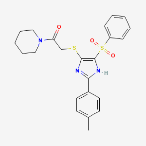 molecular formula C23H25N3O3S2 B2400070 2-{[4-(benzenesulfonyl)-2-(4-methylphenyl)-1H-imidazol-5-yl]sulfanyl}-1-(piperidin-1-yl)ethan-1-one CAS No. 950305-09-6