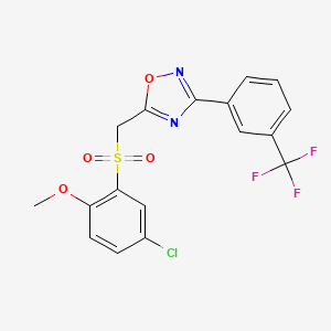 molecular formula C17H12ClF3N2O4S B2400076 5-(((5-Chloro-2-methoxyphenyl)sulfonyl)methyl)-3-(3-(trifluoromethyl)phenyl)-1,2,4-oxadiazole CAS No. 1105222-32-9