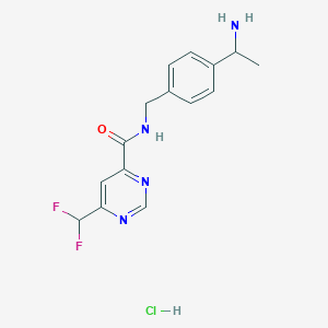 molecular formula C15H17ClF2N4O B2400244 N-[[4-(1-Aminoethyl)phenyl]methyl]-6-(difluoromethyl)pyrimidine-4-carboxamide;hydrochloride CAS No. 2418678-54-1