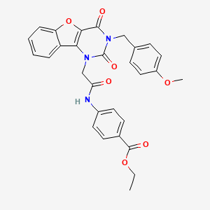 molecular formula C29H25N3O7 B2400258 ethyl 4-(2-(3-(4-methoxybenzyl)-2,4-dioxo-3,4-dihydrobenzofuro[3,2-d]pyrimidin-1(2H)-yl)acetamido)benzoate CAS No. 892436-59-8