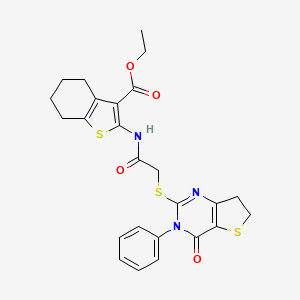 molecular formula C25H25N3O4S3 B2400399 Ethyl 2-(2-((4-oxo-3-phenyl-3,4,6,7-tetrahydrothieno[3,2-d]pyrimidin-2-yl)thio)acetamido)-4,5,6,7-tetrahydrobenzo[b]thiophene-3-carboxylate CAS No. 850915-20-7
