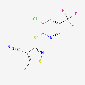 molecular formula C11H5ClF3N3S2 B2400492 3-((3-Chloro-5-(trifluoromethyl)pyridin-2-yl)thio)-5-methylisothiazole-4-carbonitrile CAS No. 338775-63-6
