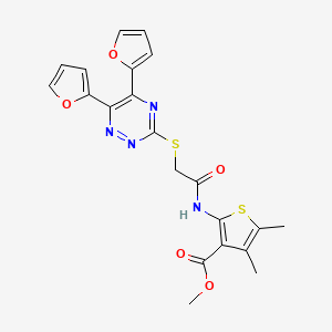 molecular formula C21H18N4O5S2 B2400861 Methyl 2-(2-((5,6-di(furan-2-yl)-1,2,4-triazin-3-yl)thio)acetamido)-4,5-dimethylthiophene-3-carboxylate CAS No. 823211-50-3