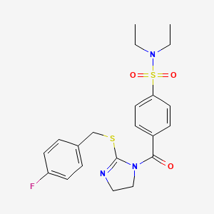 molecular formula C21H24FN3O3S2 B2400971 N,N-diethyl-4-(2-{[(4-fluorophenyl)methyl]sulfanyl}-4,5-dihydro-1H-imidazole-1-carbonyl)benzene-1-sulfonamide CAS No. 851800-24-3